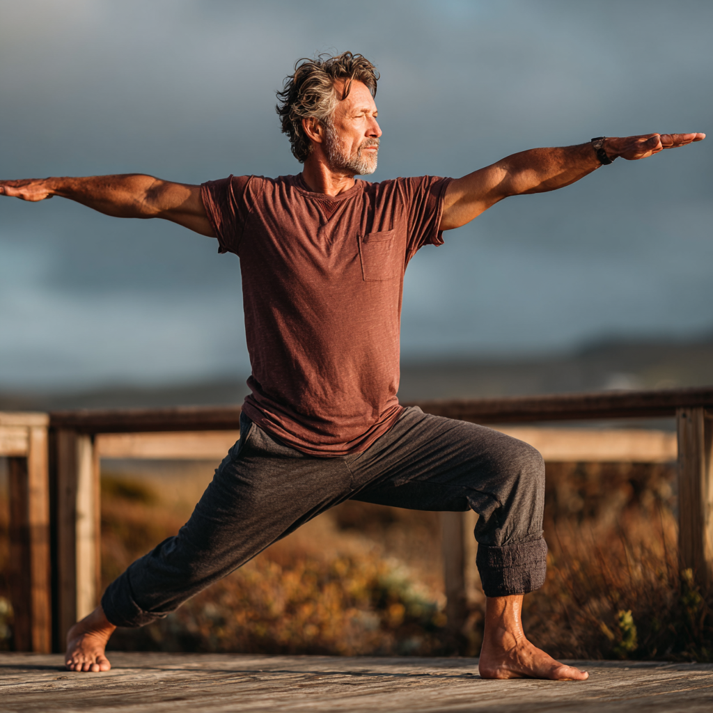 Fit middle-aged man approximately 50 years old in warrior pose yoga position on wooden deck, wearing casual yoga clothes, demonstrating strength and balance with focused expression and natural outdoor setting