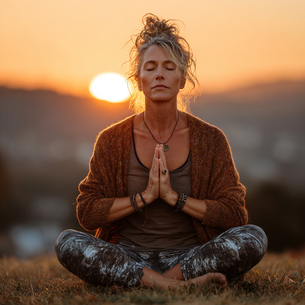 Mature woman around 48 years old sitting peacefully in meditation pose during sunrise yoga session, wearing earth-tone workout clothes, with calm facial expression and hands in prayer position against soft morning light