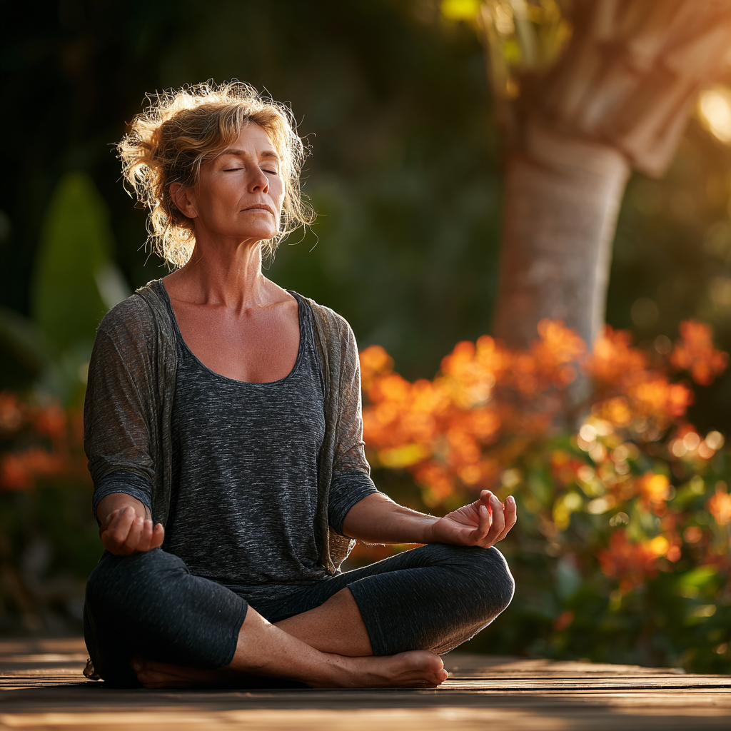 Peaceful middle-aged woman around 45 years old practicing meditation in lotus position outdoors, wearing comfortable yoga attire, with serene expression and eyes closed, surrounded by natural lighting